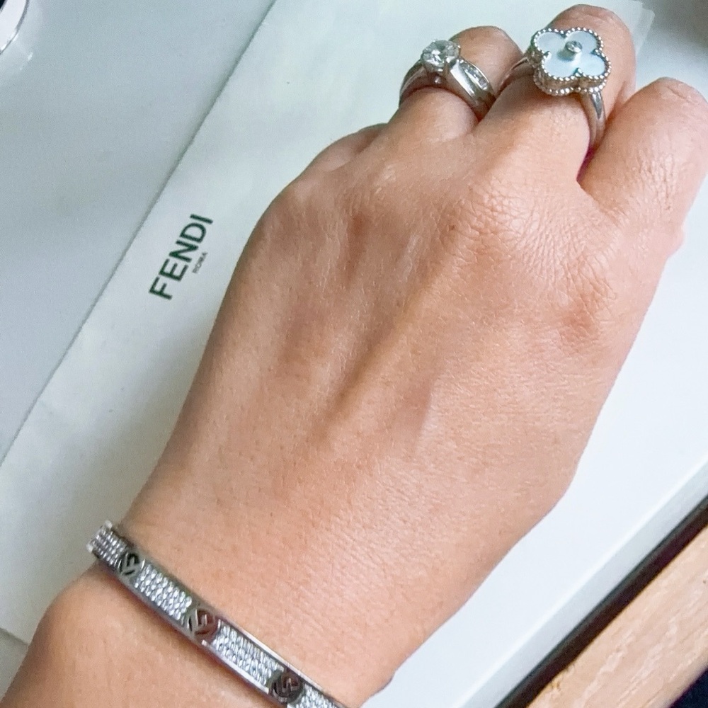 Fendi Crystal Silver Tone Open Cuff Bracelet S - Picture 3 of 11